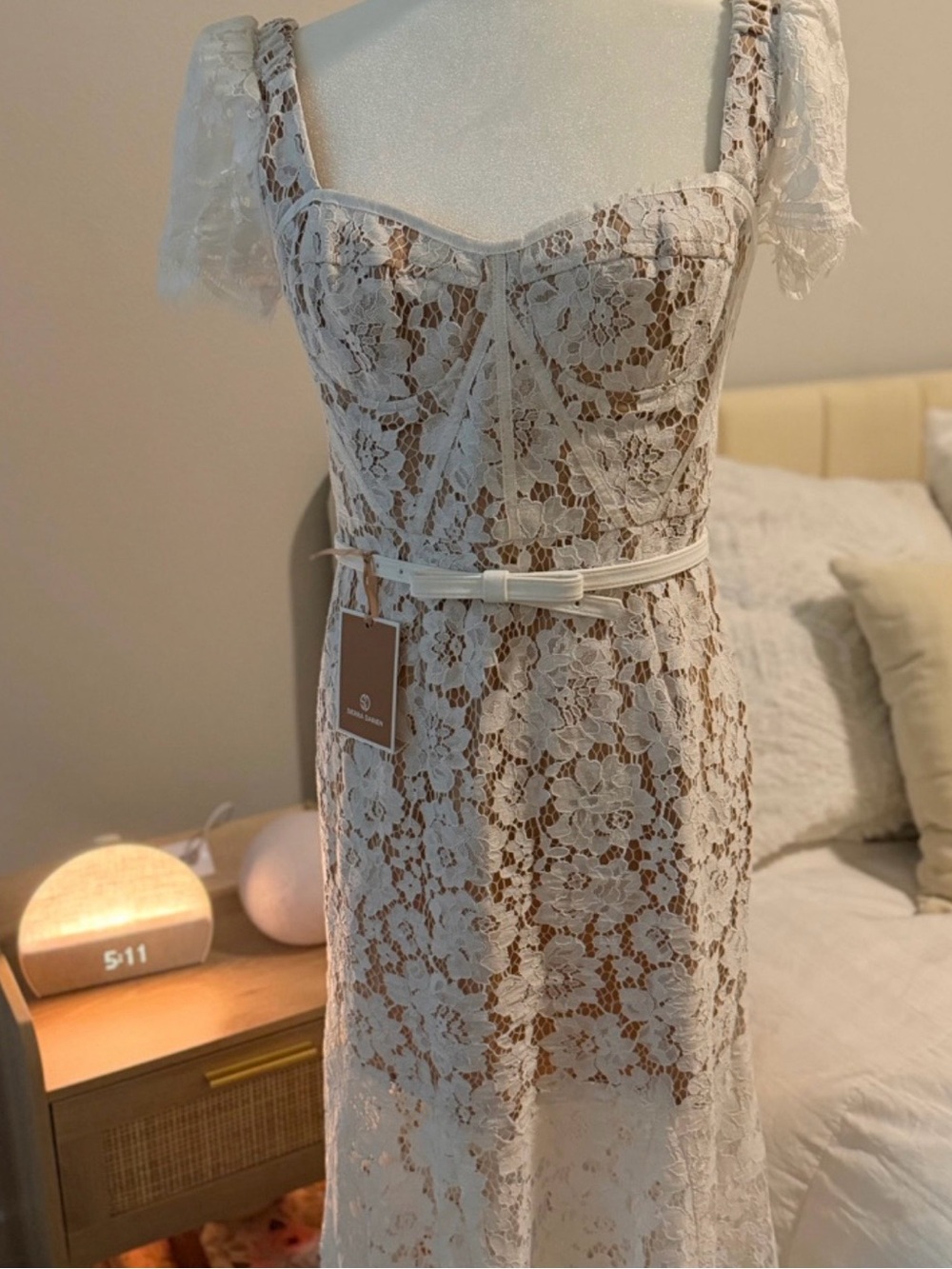 Ivory Lace Midi Dress with Sweetheart Neckline and Belt